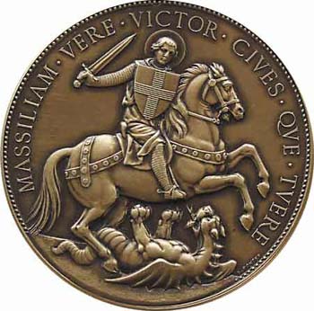 A seal featuring St. Victor defeating a dragon in battle